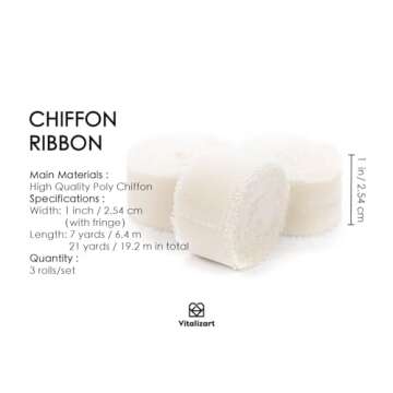 Vitalizart Ivory White Chiffon Silk Ribbon 1" x 21 Yd Fringe Fabric Package (3 Rolls * 7 Yd) for Wedding Invitations Bridal Bouquets Decorations Gifts Wrapping & Bow Making Cream