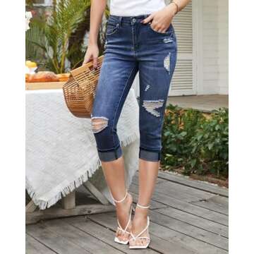 Vetinee Stylish High Waisted Capri Jeans for Women