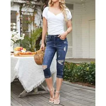 Vetinee Stylish High Waisted Capri Jeans for Women