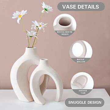 Liotww Ceramic Vases for Home Decor Set of 2, Off White Boho Small Flower Vase, Minimalist Decorative Modern Donut Vase for Living Dining Room Office Entryway Book Shelf Coffee Console Table Décor