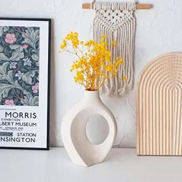 Liotww Ceramic Vases for Home Decor Set of 2, Off White Boho Small Flower Vase, Minimalist Decorative Modern Donut Vase for Living Dining Room Office Entryway Book Shelf Coffee Console Table Décor