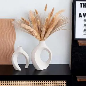 Liotww Ceramic Vases for Home Decor Set of 2, Off White Boho Small Flower Vase, Minimalist Decorative Modern Donut Vase for Living Dining Room Office Entryway Book Shelf Coffee Console Table Décor