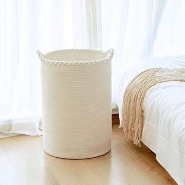 Homlikelan 72L Woven Laundry Hamper,Cotton Tall Wicker Laundry Basket for Blankets,Clothes,Pillows,Toys,Shoes Large Laundry Bin White