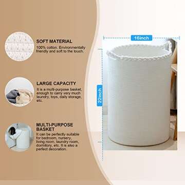 Homlikelan 72L Woven Laundry Hamper,Cotton Tall Wicker Laundry Basket for Blankets,Clothes,Pillows,Toys,Shoes Large Laundry Bin White