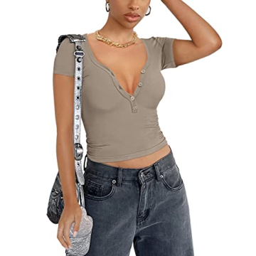 REORIA Women’s Y2K Ribbed Henley Crop Top for Summer Style