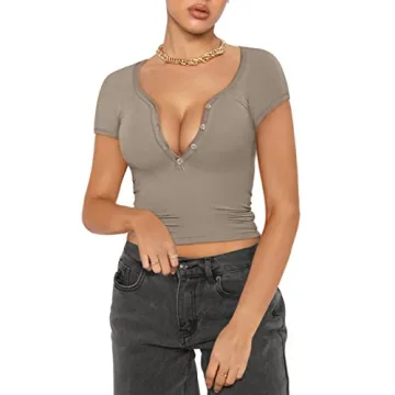 REORIA Women’s Y2K Ribbed Henley Crop Top for Summer Style