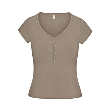 REORIA Women’s Y2K Ribbed Henley Crop Top for Summer Style