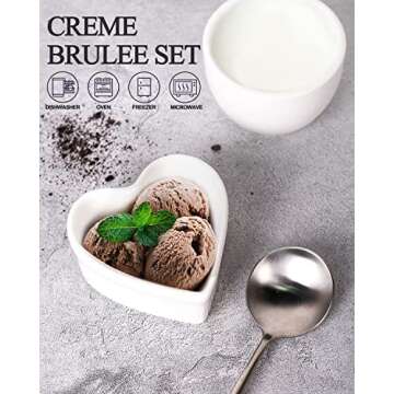 Delling Creme Brulee Ramekins 6 Oz Oven Safe, Heart Shaped Ramekins/Bowls, Small Baking Ceramic Ramekins Dishes for Creme Brulee Souffle Desserts Soups Snacks Quiche Appetizers, Set of 6, White