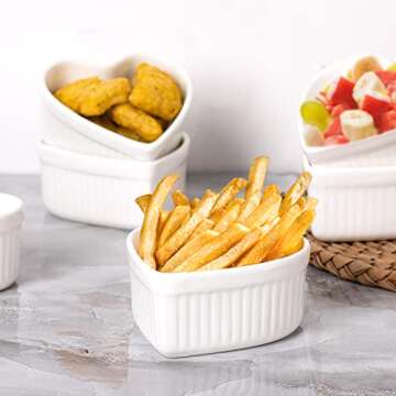 Delling Creme Brulee Ramekins 6 Oz Oven Safe, Heart Shaped Ramekins/Bowls, Small Baking Ceramic Ramekins Dishes for Creme Brulee Souffle Desserts Soups Snacks Quiche Appetizers, Set of 6, White