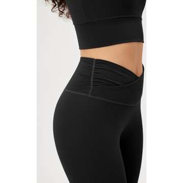 ODODOS Women's Cross Waist 7/8 Yoga Leggings with Inner Pocket, Inseam 25" Gathered Crossover Workout Yoga Pants, Black, Large