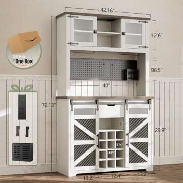DOMICON Farmhouse Coffee Bar Cabinet with Power Outlet, LED Light, 70'' Kitchen Buffet with Hutch w/...