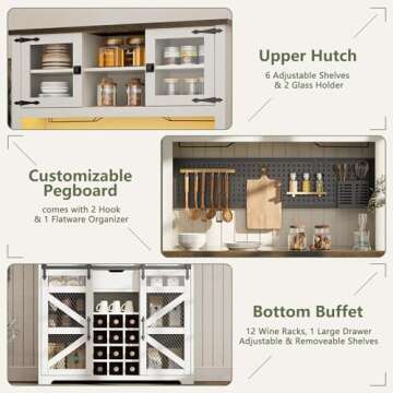 DOMICON Farmhouse Coffee Bar Cabinet with Power Outlet, LED Light, 70'' Kitchen Buffet with Hutch w/13 Storage Shelves, 12 Wine Rack, Pegboard, Liquor Cabinet for Home & Dining Room