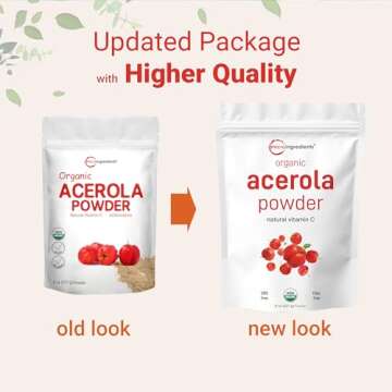 Organic Acerola Powder, 8oz | Natural Organic Vitamin C Superfood | No Sugar & Additives | Great Flavor for Drinks, Smoothie, & Beverages | Non-GMO & Vegan Friendly, Brazil Origin