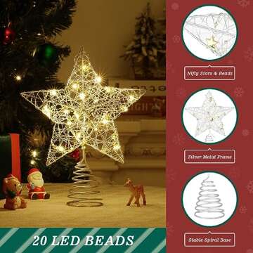 Roylvan Christmas Star Tree Topper with 8 Lighting Modes, USB Lighted Tree Topper with 20 LED Lights, Shiny Treetop Christmas Tree Decoration for Indoor Outdoor Holiday Home Ornament Gift, 9.8 Inch(H)