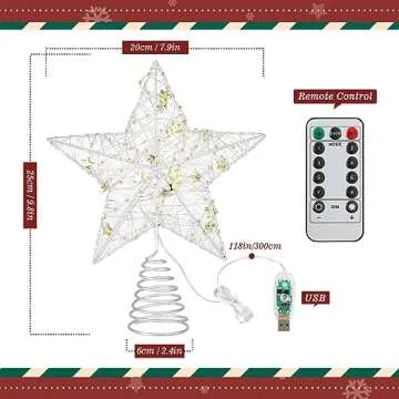 Roylvan Christmas Star Tree Topper with 8 Lighting Modes, USB Lighted Tree Topper with 20 LED Lights, Shiny Treetop Christmas Tree Decoration for Indoor Outdoor Holiday Home Ornament Gift, 9.8 Inch(H)