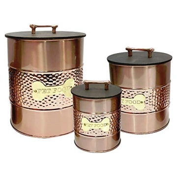 nu steel metal hammered copper 3 Pc set Jumbo Pet Canister with sturdy bone plaque, Dog Food Treat S...