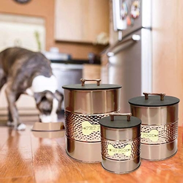 nu steel metal hammered copper 3 Pc set Jumbo Pet Canister with sturdy bone plaque, Dog Food Treat Storage Container Jar with wooden Lid with bone handle, Tight Fitting Lids for Dog Biscuit Cookies