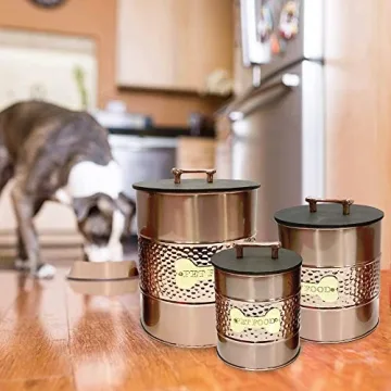 nu steel metal hammered copper 3 Pc set Jumbo Pet Canister with sturdy bone plaque, Dog Food Treat Storage Container Jar with wooden Lid with bone handle, Tight Fitting Lids for Dog Biscuit Cookies