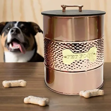 nu steel metal hammered copper 3 Pc set Jumbo Pet Canister with sturdy bone plaque, Dog Food Treat Storage Container Jar with wooden Lid with bone handle, Tight Fitting Lids for Dog Biscuit Cookies