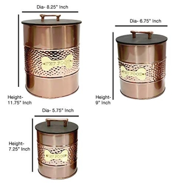 nu steel metal hammered copper 3 Pc set Jumbo Pet Canister with sturdy bone plaque, Dog Food Treat Storage Container Jar with wooden Lid with bone handle, Tight Fitting Lids for Dog Biscuit Cookies