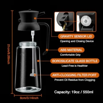 YRRAMATE - 18oz/550ml Olive Oil Dispenser for Kitchen - 2 in 1 Oil Sprayer for Cooking - Olive Oil Dispenser and Oil Sprayer - Food-grade Oil Spritzer Bottle for Air Fryer, Salad BBQ (Black)