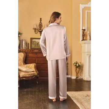 Ekouaer Women's Classic Button Down Long Satin Silk Pajama Set,Small,Pink