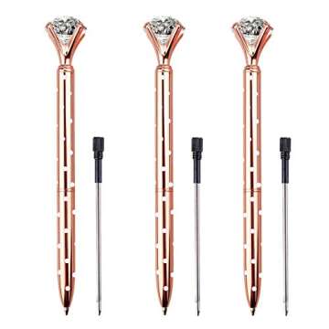 LONGKEY 3PCS Diamond Pens Big Crystal Diamond Ballpoint Pen Bling Metal Ballpoint Pen Offices and Schools 3 Rose Gold W/Dot