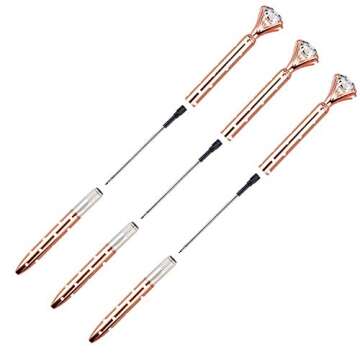 LONGKEY 3PCS Diamond Pens Big Crystal Diamond Ballpoint Pen Bling Metal Ballpoint Pen Offices and Schools 3 Rose Gold W/Dot