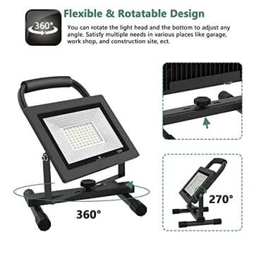 GLORIOUS-LITE 50W LED Work Light, 5000LM LED Flood Lights, 400W Equivalent, IP66 Waterproof, 16ft 5m Cord with Plug, 6500K, Adjustable Working Lights for Workshop Garage, Construction Site