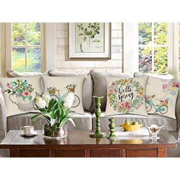 Spring Pillow Covers 18x18 Spring Decorations Set of 4 Decorative Pillow Cases Hello Spring Bicycle Butterfly Cotton Linen Holiday Throw Cushion Covers for Spring Season's Home Farmhouse Decor