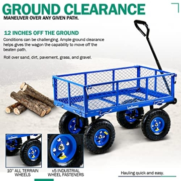 Landworks Lawn & Garden Utility Cart/Beach Wagon, All Terrain, w/Heavy Duty Removable Side Meshes, 400 lbs Cap, Blue