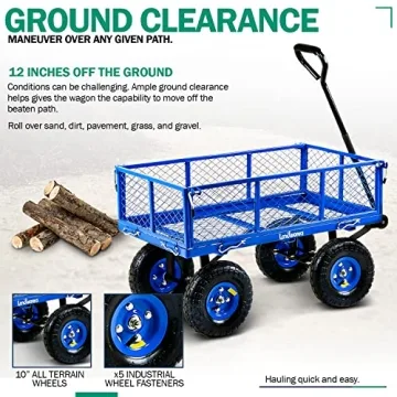 Landworks Lawn & Garden Utility Cart/Beach Wagon, All Terrain, w/Heavy Duty Removable Side Meshes, 400 lbs Cap, Blue