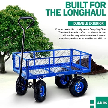 Landworks Lawn & Garden Utility Cart/Beach Wagon, All Terrain, w/Heavy Duty Removable Side Meshes, 400 lbs Cap, Blue