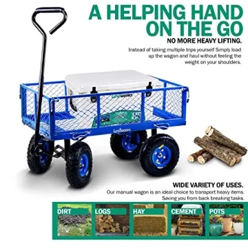 Landworks Lawn & Garden Utility Cart/Beach Wagon, All Terrain, w/Heavy Duty Removable Side Meshes, 400 lbs Cap, Blue