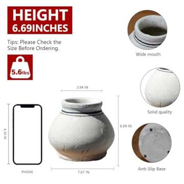 Relexome Rustic Farmhouse Terracotta Ceramic Vase,6.7 Inch Round Vintage Distressed Clay Stone Potte...