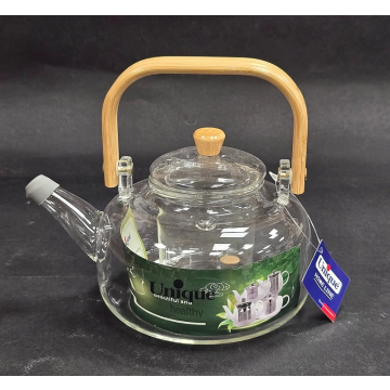 ست سینی چوبی با قوری پیرکس شعله‌مستقیم و دو لیوان پیرکس شفاف