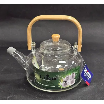 ست سینی چوبی با قوری پیرکس شعله‌مستقیم و دو لیوان پیرکس شفاف