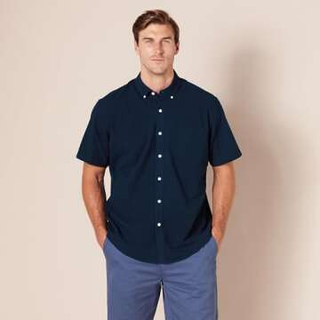 Amazon Essentials Oxford Shirts for Men - Regular-Fit, Short-Sleeve, Navy, Large