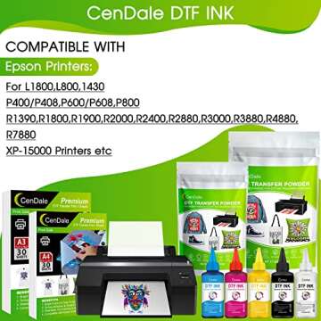 CenDale Premium DTF Ink 600ML- DTF Transfer Ink for PET Film, Refill for DTF Printers Epson ET-8550, XP-15000, L1800, L805, R1390, R2400, Heat Transfer Printing Direct to Film (100ml x 6, CMYK Wh)