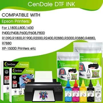 CenDale Premium DTF Ink 600ML- DTF Transfer Ink for PET Film, Refill for DTF Printers Epson ET-8550, XP-15000, L1800, L805, R1390, R2400, Heat Transfer Printing Direct to Film (100ml x 6, CMYK Wh)
