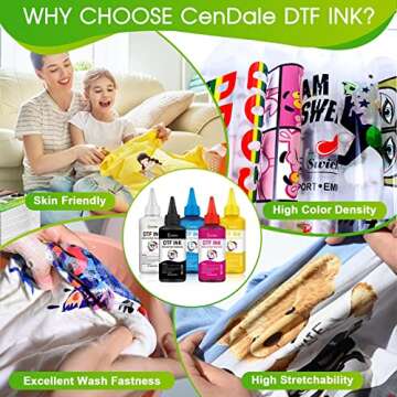 CenDale Premium DTF Ink 600ML- DTF Transfer Ink for PET Film, Refill for DTF Printers Epson ET-8550, XP-15000, L1800, L805, R1390, R2400, Heat Transfer Printing Direct to Film (100ml x 6, CMYK Wh)