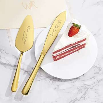 AW BRIDAL Personalized Wedding Cake Knife and Server Set, Gold Cake Cutting Set Gift for Wedding Bri...