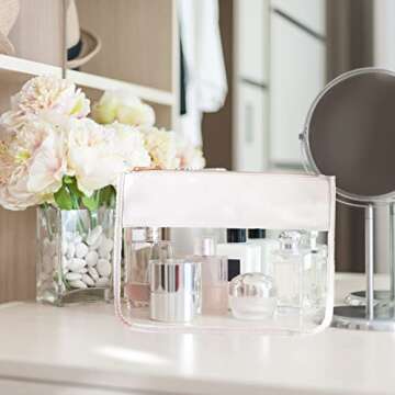 SUEBONI Makeup Bag Waterproof Leather Cosmetic Bag Toiletry Bag,DIY Chenille Letter Bag Nvlon Clear Travel Makeup Bag for Women Girls (White)