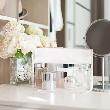 SUEBONI Makeup Bag Waterproof Leather Cosmetic Bag Toiletry Bag,DIY Chenille Letter Bag Nvlon Clear Travel Makeup Bag for Women Girls (White)