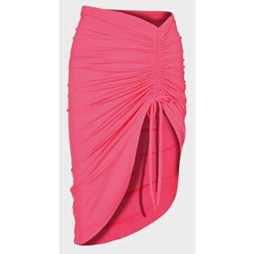 PRIMODA Women's Asymmetrical Bodycon Drawstring Ruched Midi Skirt with Thigh High Slit(Hot Pink L)