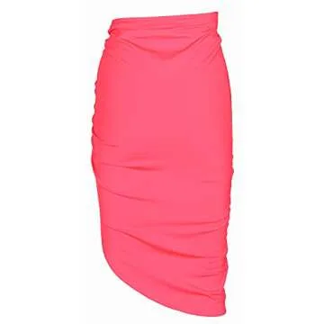 PRIMODA Women's Asymmetrical Bodycon Drawstring Ruched Midi Skirt with Thigh High Slit(Hot Pink L)