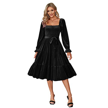Amegoya Women's Fall Wedding Guest Long Sleeve Velvet Dress Elegant Square Neck Semi Formal Party Mi...