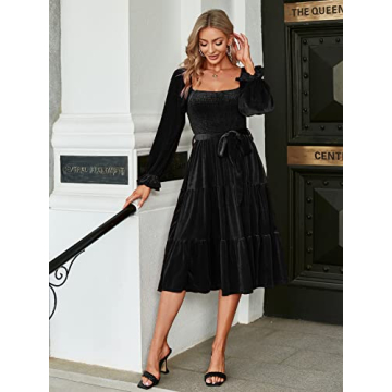 Amegoya Women's Fall Wedding Guest Long Sleeve Velvet Dress Elegant Square Neck Semi Formal Party Midi Bridesmaid Dresses (L Black)