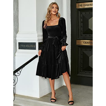 Amegoya Women's Fall Wedding Guest Long Sleeve Velvet Dress Elegant Square Neck Semi Formal Party Midi Bridesmaid Dresses (L Black)