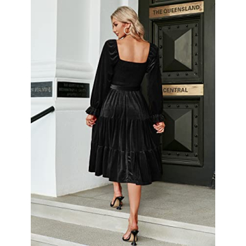 Amegoya Women's Fall Wedding Guest Long Sleeve Velvet Dress Elegant Square Neck Semi Formal Party Midi Bridesmaid Dresses (L Black)